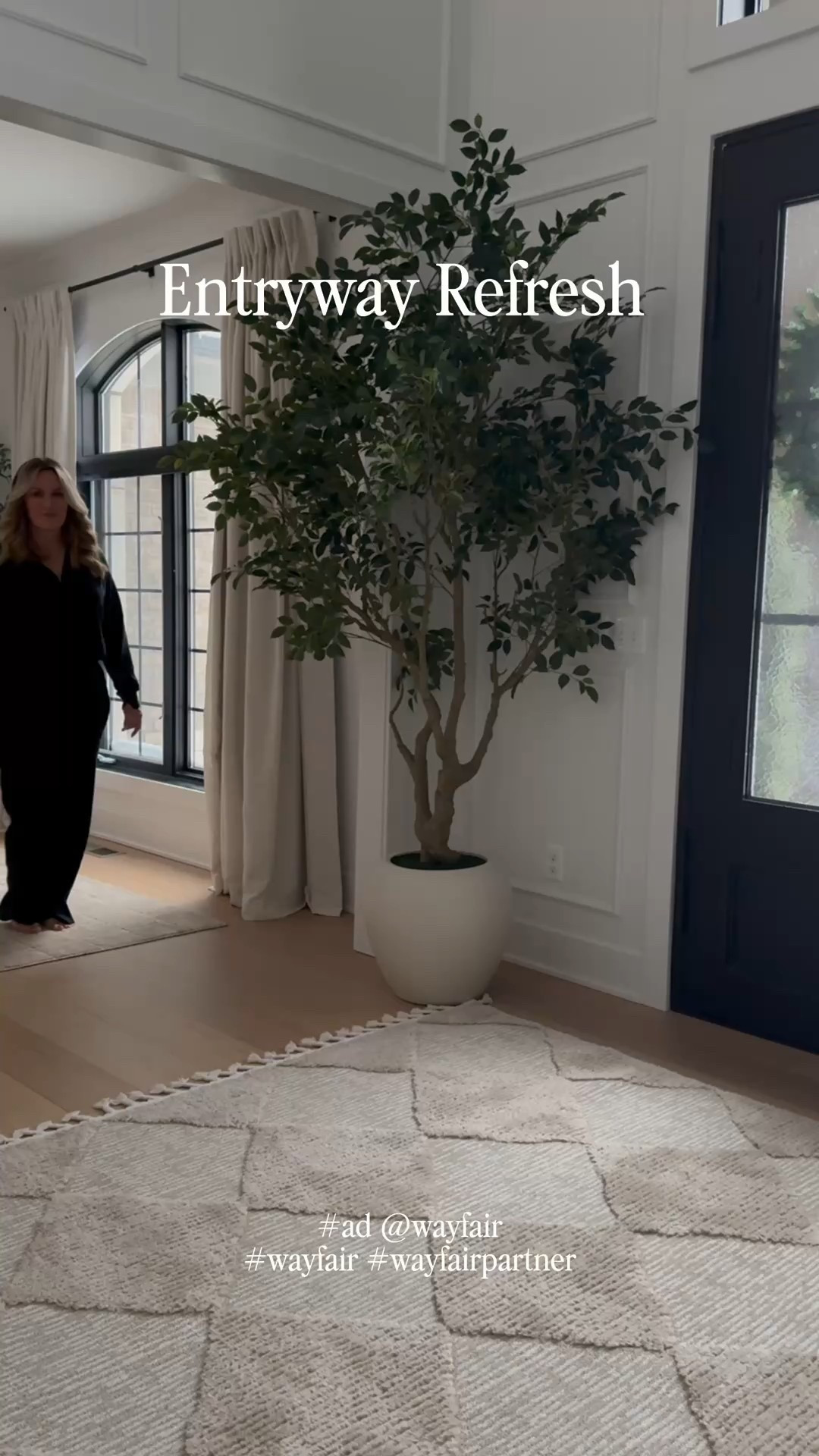 #ad Entryway refresh with @wayfair! I added a tassel rug, fluffy 8 foot faux tree, affordable console table, new dining chairs and gallery frames. 

#wayfair #wayfairpartner

#LTKHome #LTKSaleAlert