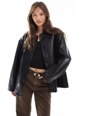 ASOS DESIGN leather look harrington jacket in black | ASOS (Global)