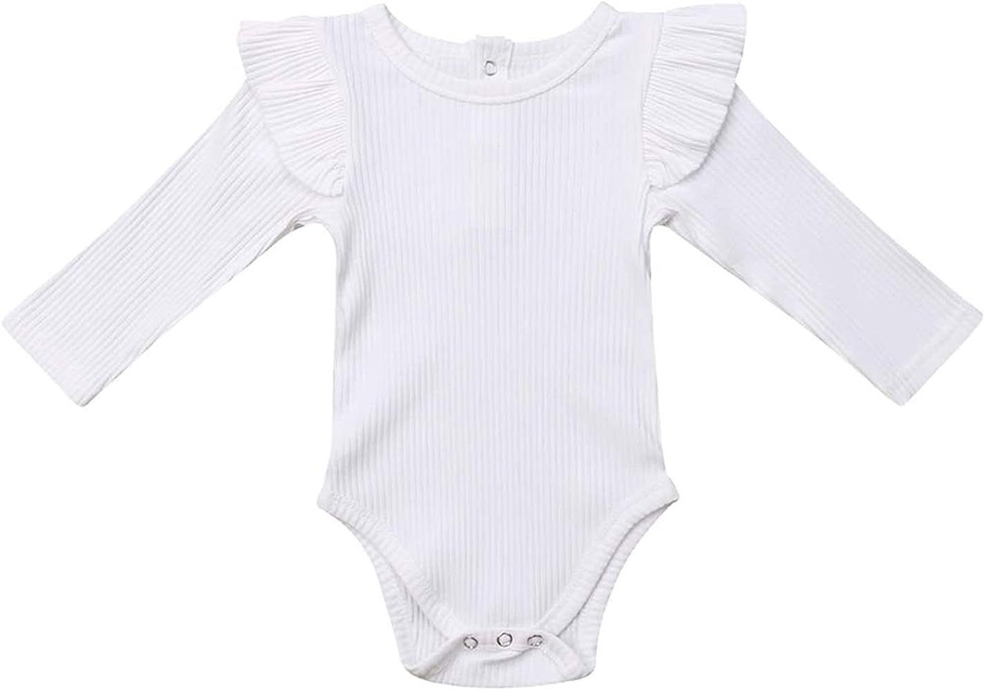 Infant Baby Toddler Girls Boys Ruffle Romper Bodysuit Striped Long Sleeve Cotton Jumpsuit Basic Clot | Amazon (US)