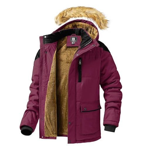 Junggley Men's Winter Warm Ski Jacket Mountain Windproof Hiking Hooded Snow Coat Multi Pockets WineRed2 M | Amazon (US)
