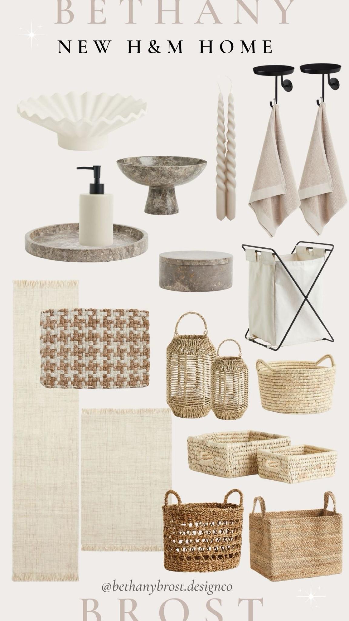 New H&M home decor! My favorite place to grab budget friendly, neutral home items. Wood boards, vases, marble trays and bowls, baskets, aprons, tea kitchen towels, coffee mugs, curtains, bath towels, laundry hamper, soap, candles, dispensers, decorative bowls, table lamps, runner rugs, door mats, outdoor planters and lanterns. 