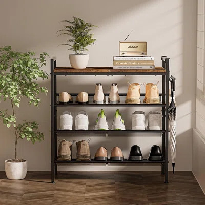 4 Tier Shoe Rack, Shoe Rack For Front Door Entrance With Hook, Shoe Organizer With Adjustable Mesh Shelves, Metal Shoe Rack For Entryway, Closet, Bedr | Wayfair North America
