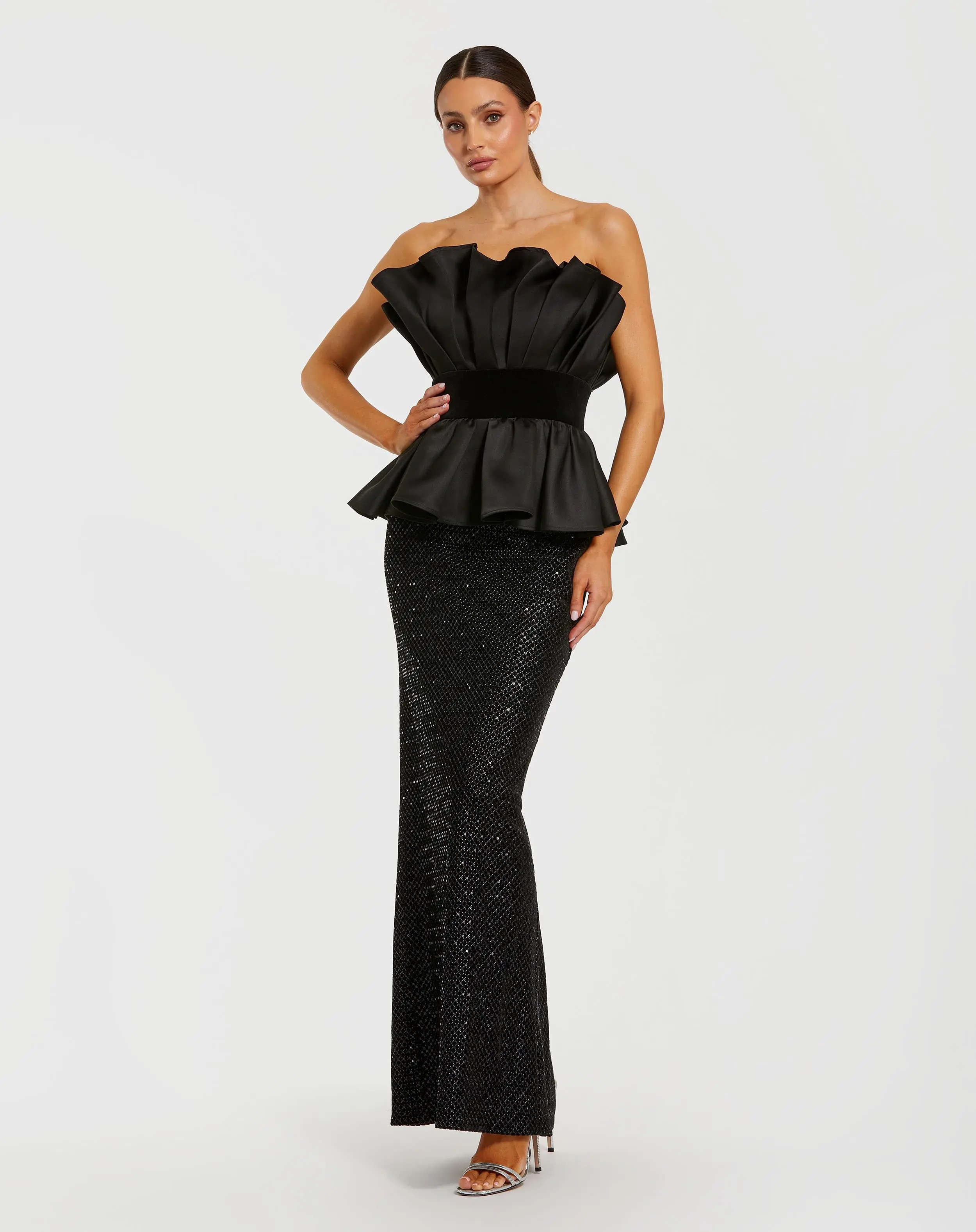 Black Strapless Satin Peplum Sequin Column Gown | Mac Duggal
