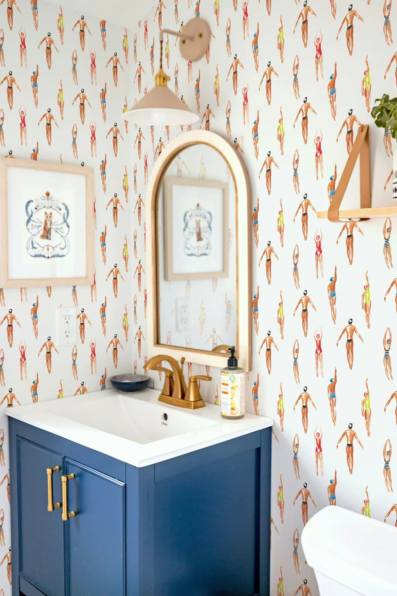 Retro Swimmers Wallpaper: Watercolor Beach Removable Wall Decor | Etsy (Global)