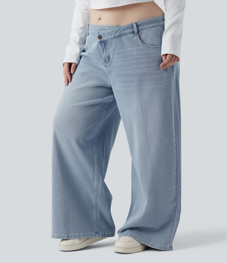 Women’s Plus Size Halara Flex™ Asymmetric Low Rise Wide Leg Washed Casual Jeans with Pockets ... | HALARA