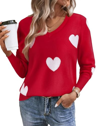 Gleeivy V Neck Sweaters for Women Spring Outfits 2026 Red Heart Sweater Cashmere Knit Cable Pullover Sweatshirt Basic Business Casual Clothes Wool Work Professional Office Tops Valentines Sweater XL | Amazon (US)