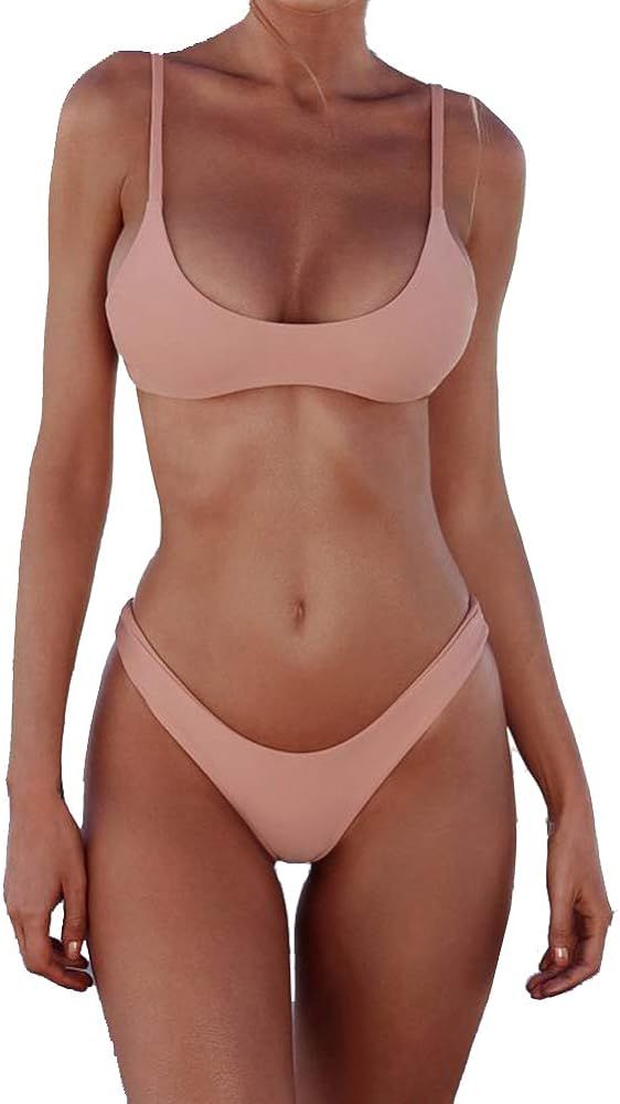 SherryDC Women's Solid Scoop Neck Push up Padded Brazilian Thong Bikini Swimsuit Bathing Suit | Amazon (US)