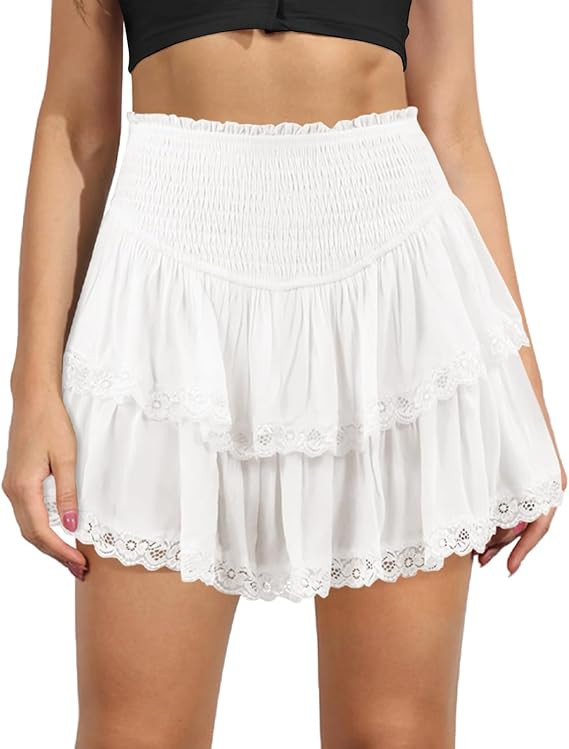 MIYIEONZ Women's Cute High Waist Ruffle Mini Skirt Layered Ruffle Hem Flared Flowy Casual Swing B... | Amazon (US)