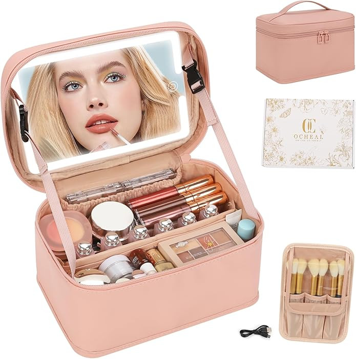 Makeup Bag With LED Mirror, Lightweight Travel Makeup Bag With 3 Color Setting Light Up Mirror Co... | Amazon (US)