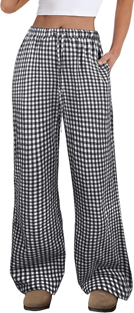 ANRABESS Women's Striped Gingham Pants 2026 Spring Pajama Lounge Boxer Pants Casual Wide Leg Draw... | Amazon (US)