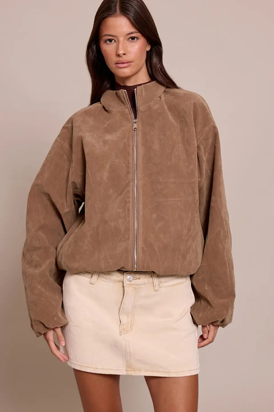 FAUX SUEDE BOMBER JACKET | PrettyLittleThing UK