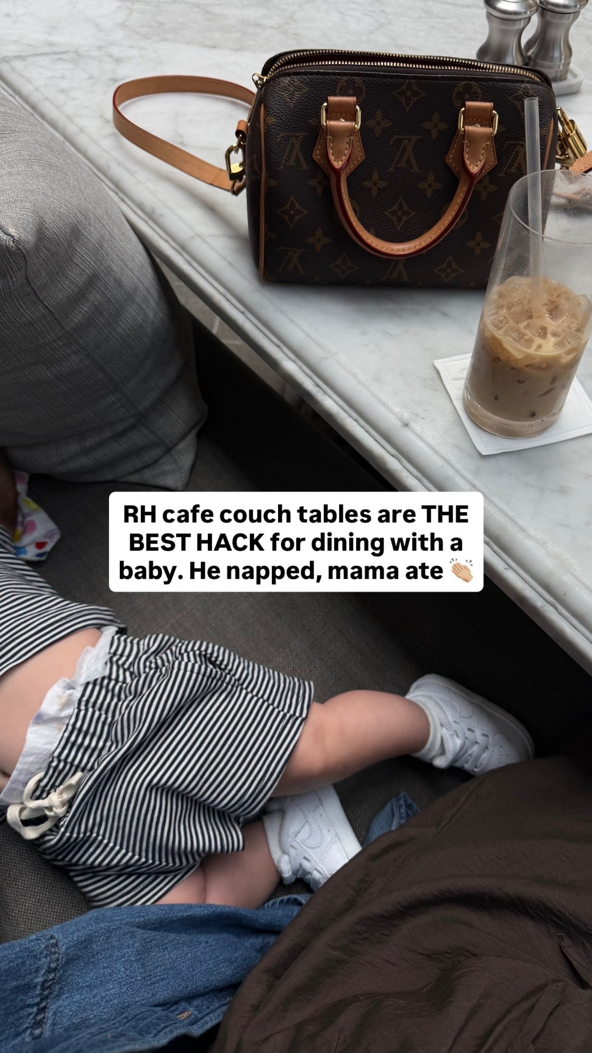 RH cafe couch tables are THE BEST HACK for dining with a baby. He napped, mama ate 👏🏼