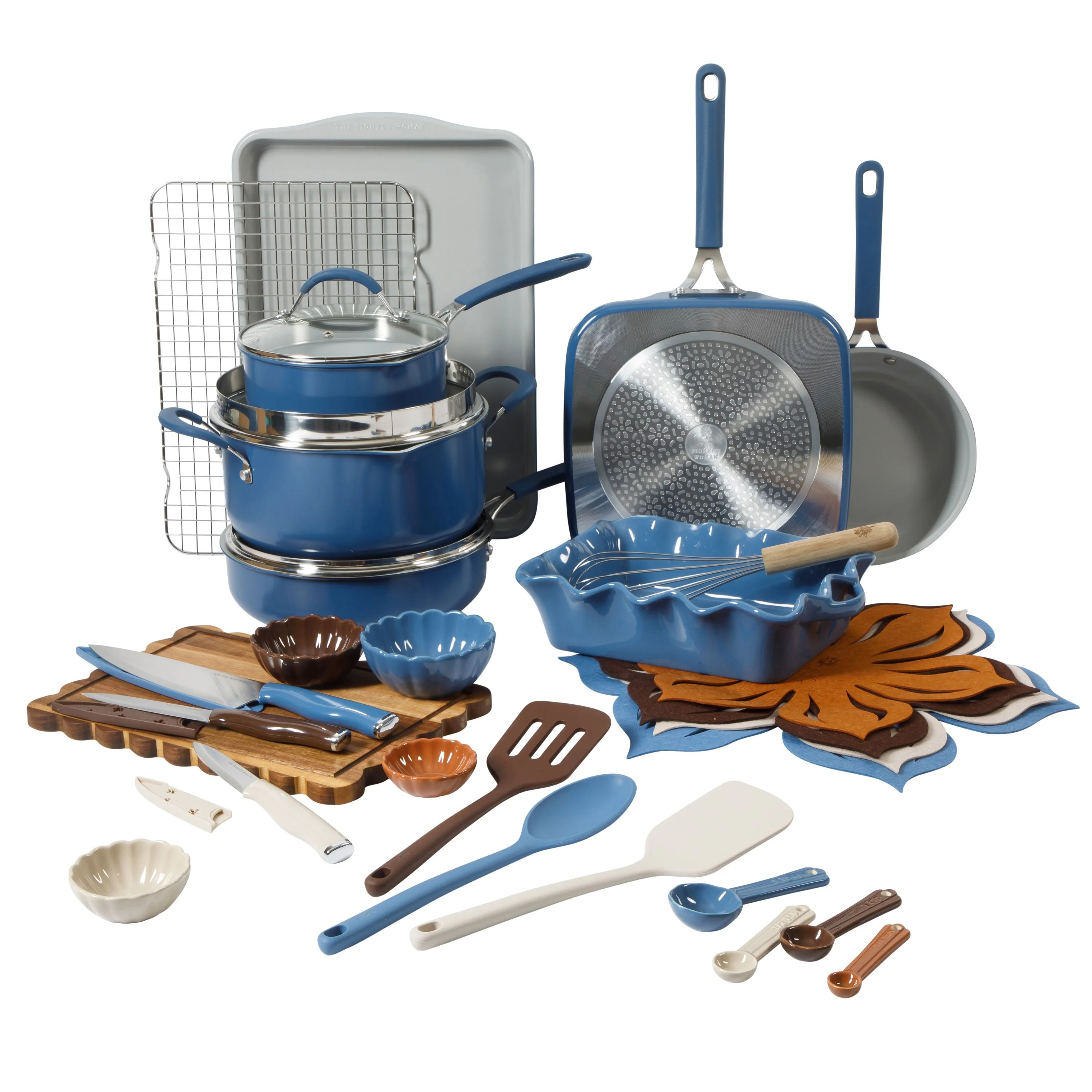 The Pioneer Woman Sutton 34-Piece Ceramic Nonstick Cookware and Bakeware Set, Blue | Walmart (US)