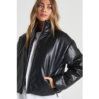 boohoo Women's Funnel Neck Faux Leather Bomber Jacket in Black | Size: 8 | Faux Leather/Plastic | boohoo (US & Canada)