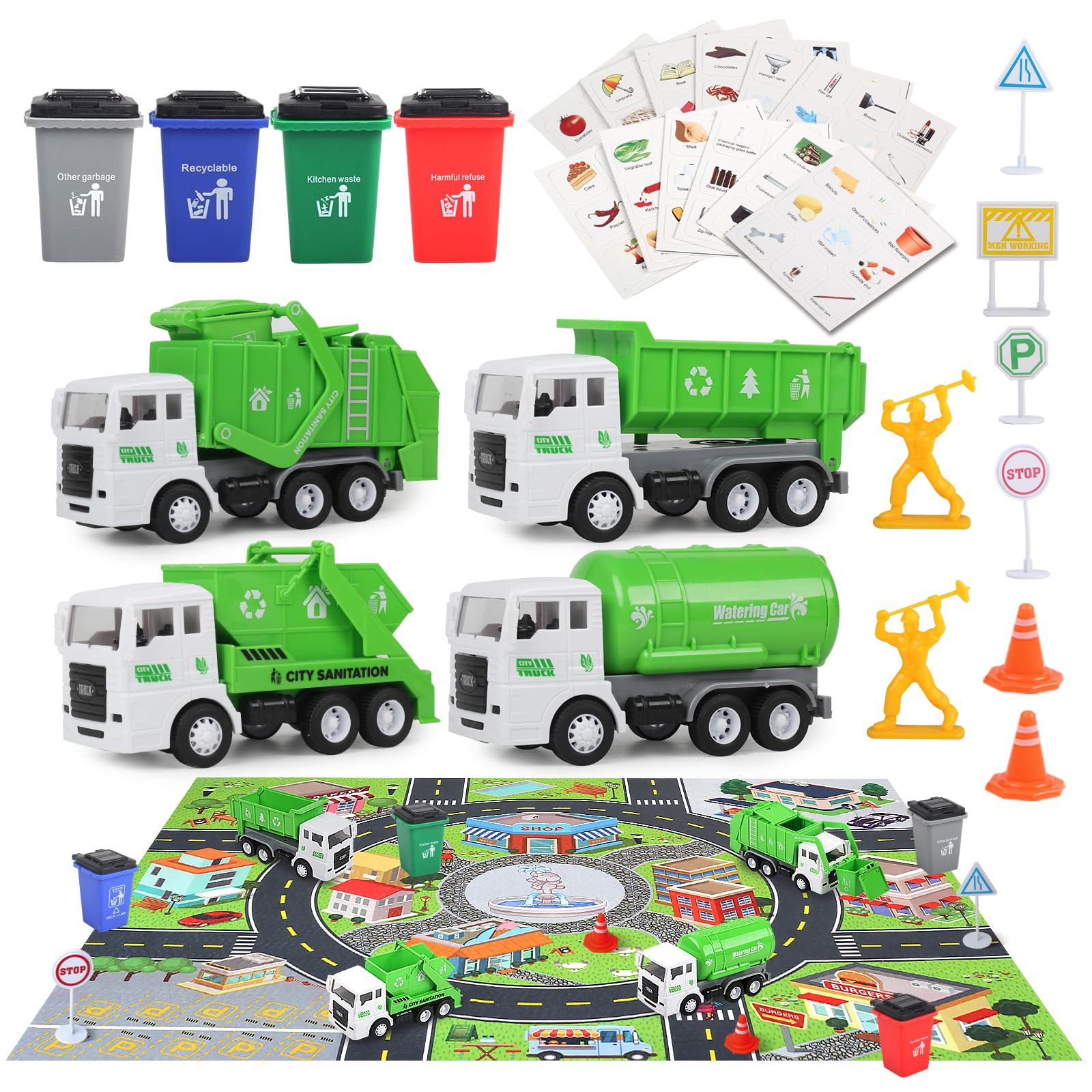 Garbage Truck Toys for Boys, 4 pcs 6" Friction Powered Trash Truck with Kids Playmat Car Rug, 8 p... | Amazon (US)