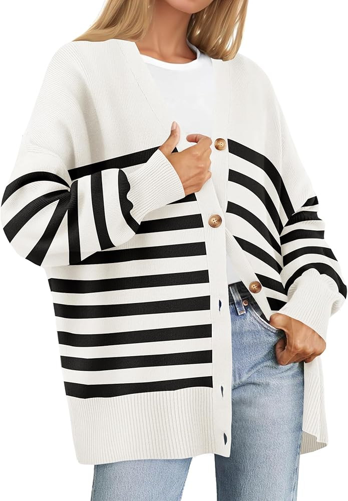 ZESICA Women's 2024 Casual Long Sleeve Cardigan V Neck Button Down Open Front Knit Loose Oversize... | Amazon (US)