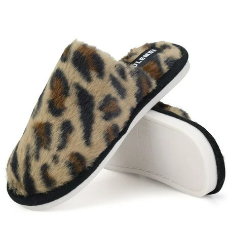 BERANMEY Women's Leopard Print Slippers Plush Warm Fuzzy House Slippers for Women & Men Cozy Indoor Non-Slip Home Shoes with Fleece Lining | Walmart (US)