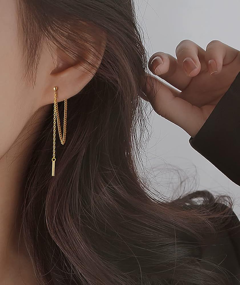 SLUYNZ 925 Sterling Silver Bar Dangle Earrings for Women Teen Girls Threader Earrings Chain | Amazon (US)