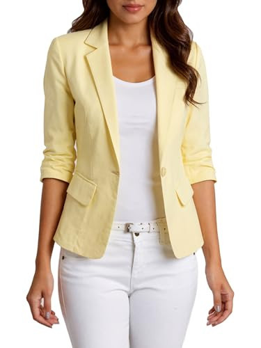 Linen Jackets for Women Cotton Yellow Blazer 2025 Summer Lightweight Light 3/4 Sleeve Blazer Petite Womens Fashion Dressy Work Professional Short Sleeve Jacket Blazers Suit | Amazon (US)