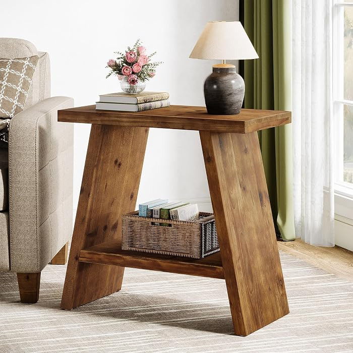 Solid Wood End Table for Living Room, Narrow Small Side Table with 2-Tier Storage, Farmhouse Beds... | Amazon (US)