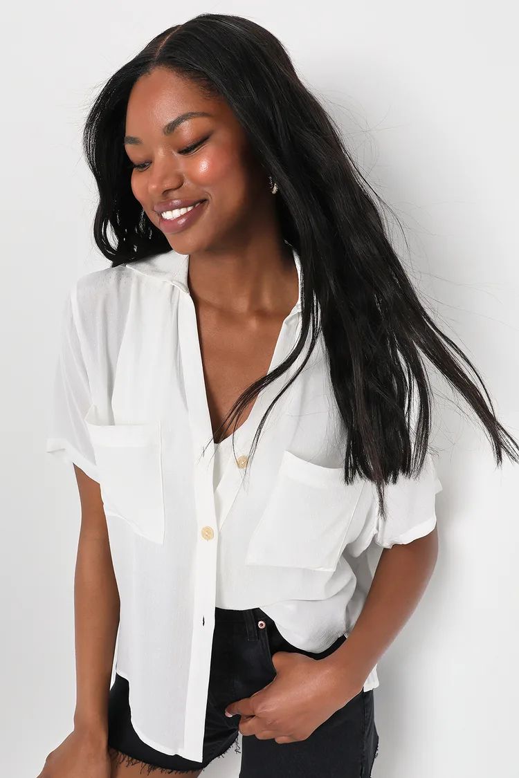 Endlessly Stylish Ivory Collared Short Sleeve Button-Up Top | Lulus (US)