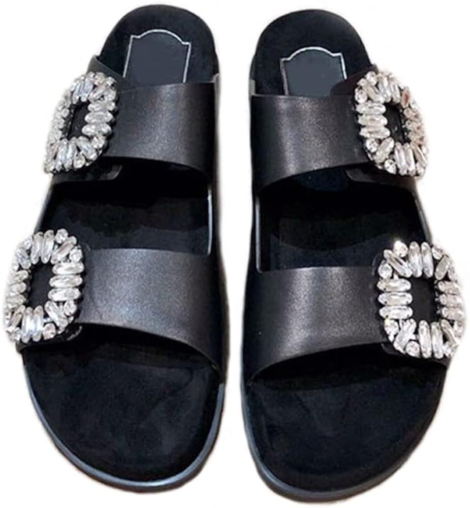Miluoro Women's Rhinestone Slides Two Strap Adjustable Buckle Flat Sandals | Amazon (US)