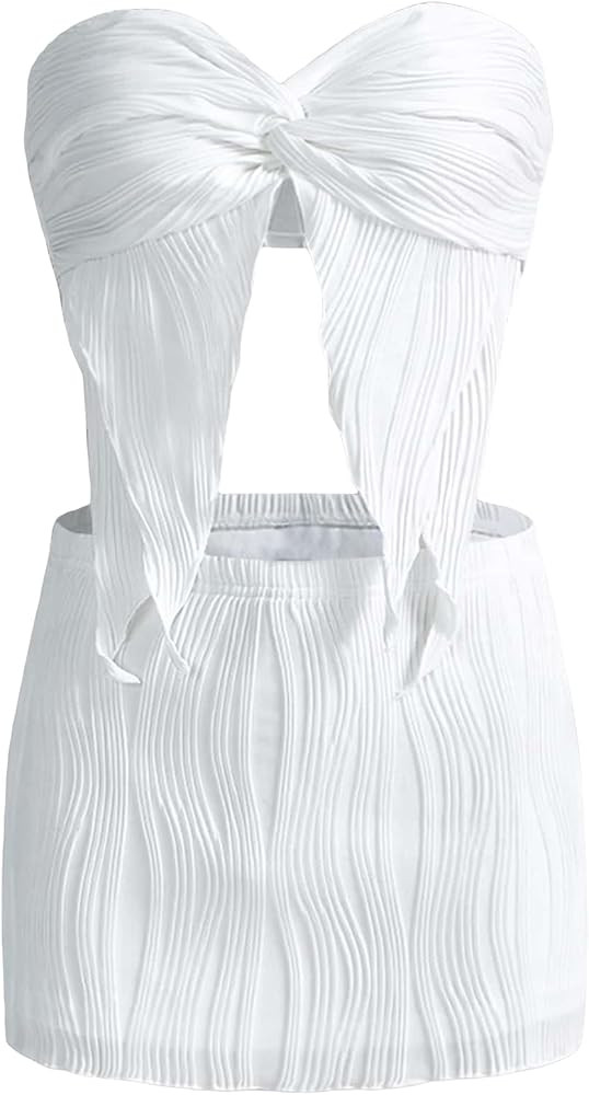 WDIRARA Women's 2 Piece Outfit Twist Front Asymmetrical Hem Crop Tube Top and Bodycon Skirt Set | Amazon (US)