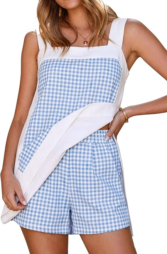 Hooever Women's Gingham Two Piece Outfit Sleeveless Square Neck Top Matching Elastic Waist Shorts... | Amazon (US)