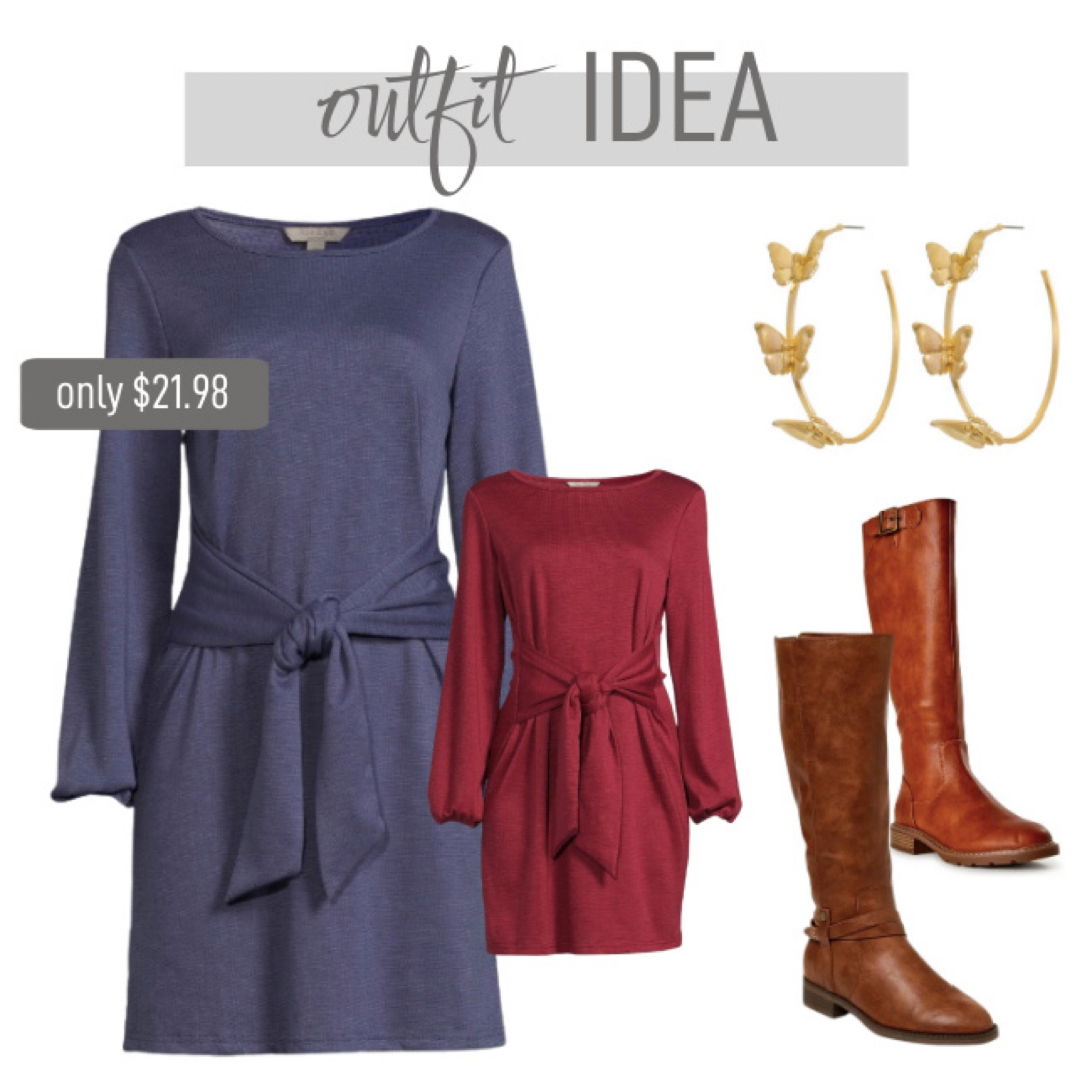This dress is so flattering! It comes in tons of different colors and has an attached tie that can be tied in the front or the back. Love it with boots and the butterfly hoop earrings.￼

#LTKsalealert #LTKstyletip #LTKunder50