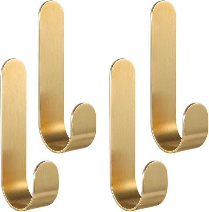 Picowe 4 Pack Brass Hooks, L-Shaped Towel Robe Hook on Wall Door, Self-Adhesive Holders for Hangi... | Amazon (US)