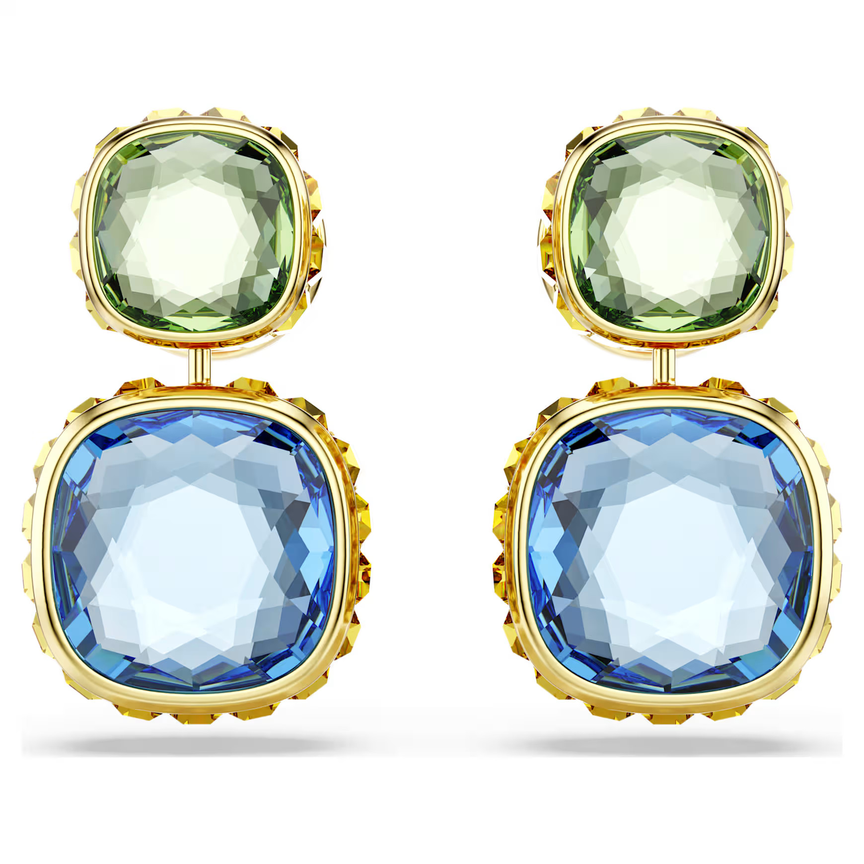 Chroma drop earrings, Cushion cut, Multicolored, Gold-tone plated by SWAROVSKI | SWAROVSKI