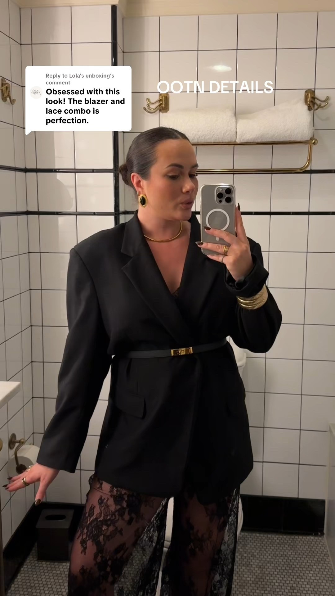 Chic blazer and lace ootd for fall - obsessed with these black lace pants from Kat the Label