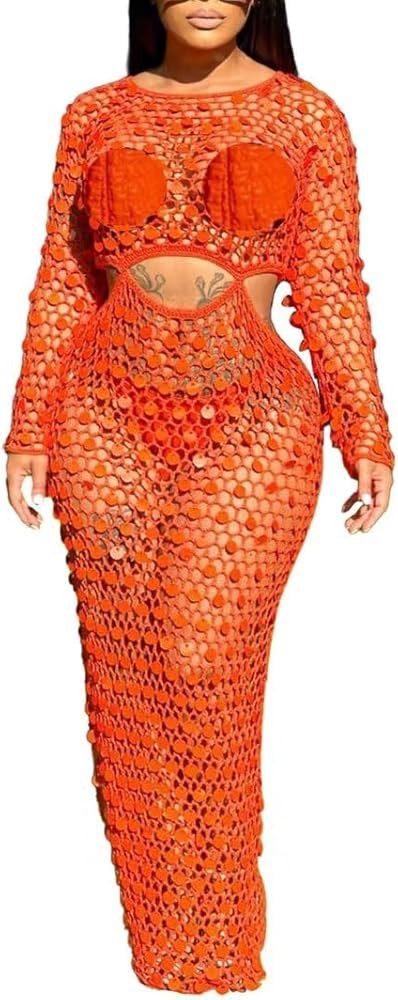 Kafiloe Women Sexy Long Sleeve Sequin Crochet Maxi Dress Beach Cover Ups Hollow Out Swimwear Biki... | Amazon (US)