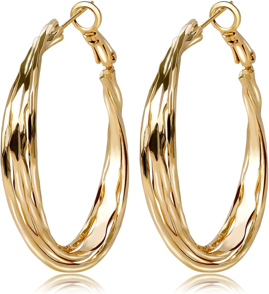 Golden Hoop Earrings For Women The Twisted Close-Fitting Hoop Shape Is Crafted With Gold-Plated M... | Amazon (US)