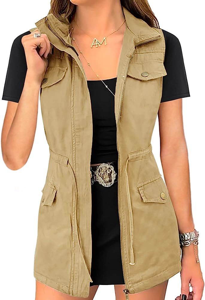 Saudacdn Womens Button Zip Up Jacket Military Anorak Long Sleeve Utility Drawstring Waist Coat Li... | Amazon (US)