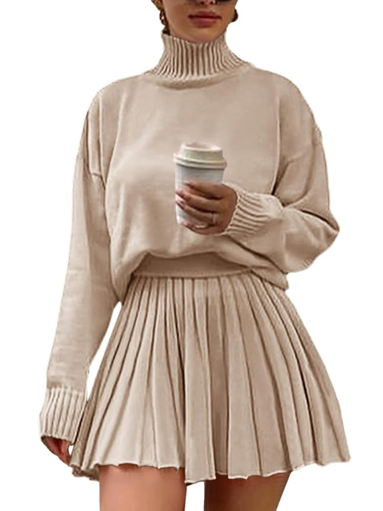 Women's 2 Piece Outfits Turtleneck Long Sleeve Oversized Pullover Sweaters and Pleated Mini Skirt... | Amazon (US)