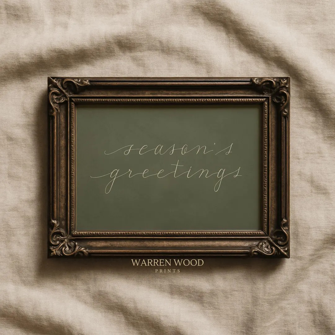 Season’s Greetings Print, Olive Green Christmas Wall Art, Beige Festive Typography, Rustic Holi... | Etsy (US)