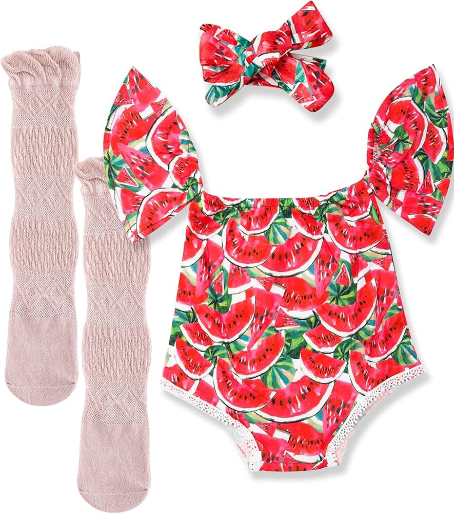 Newborn Infant Baby Girl Clothes Flamingo Romper + Headband Summer Outfits Toddler Girl Clothes 3PC | Amazon (US)