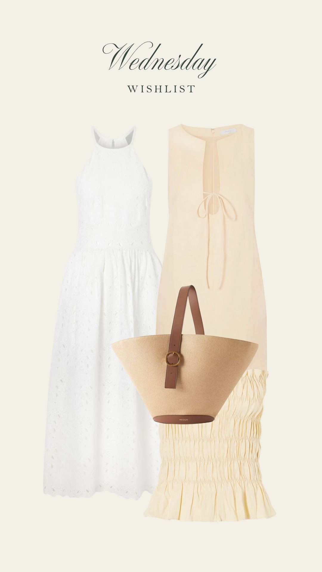 My luxury summer wishlist from Net A Porter 🫶🏻 Butter yellow, raffia bag, white dress, elegant summer style. 

 #LTKsummer #LTKluxury #LTKdresses