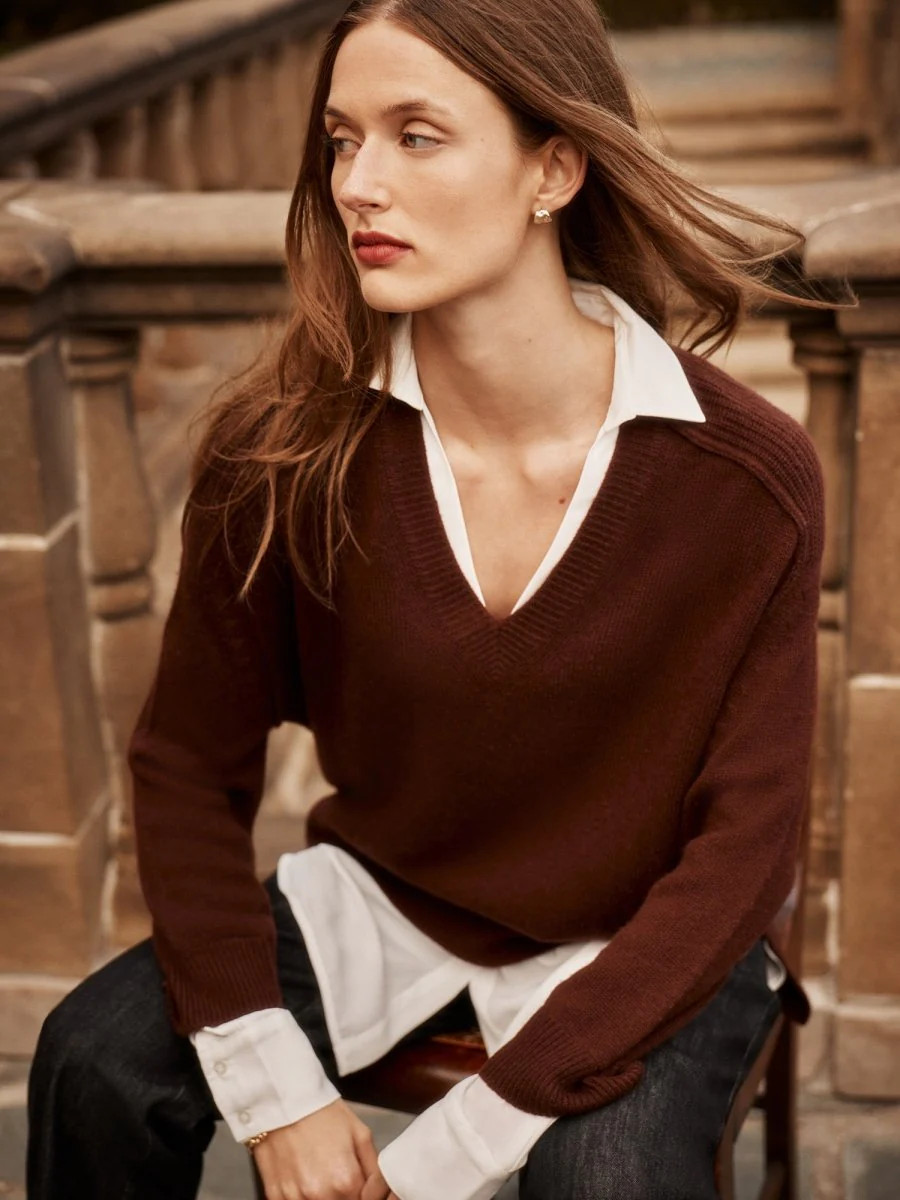 Women's V-Neck Layered Pullover in Cordovan with White | Brochu Walker | Brochu Walker