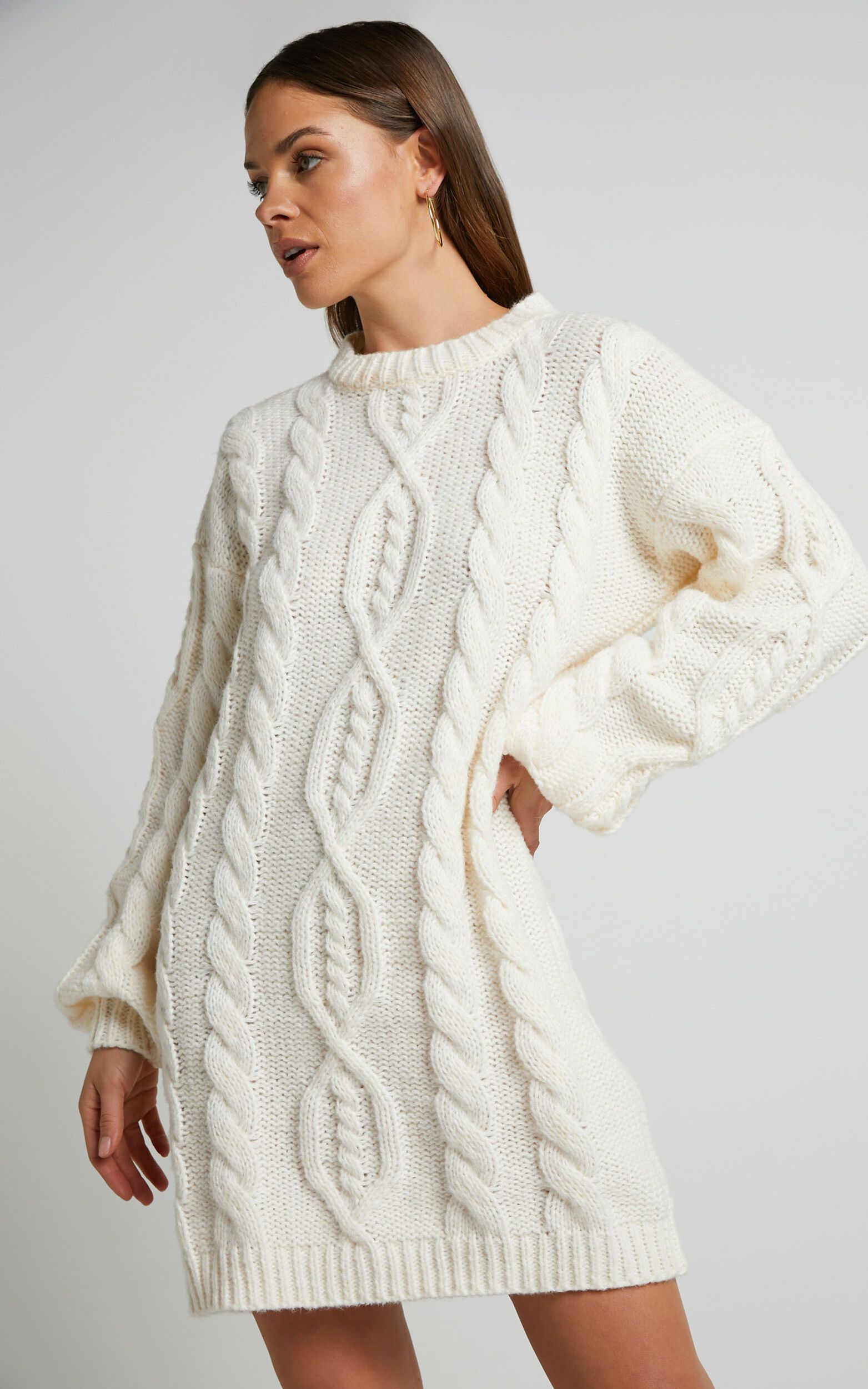 Deliah Mini Dress - Cable Knit Sweater Dress in Cream | Showpo (US, UK & Europe)