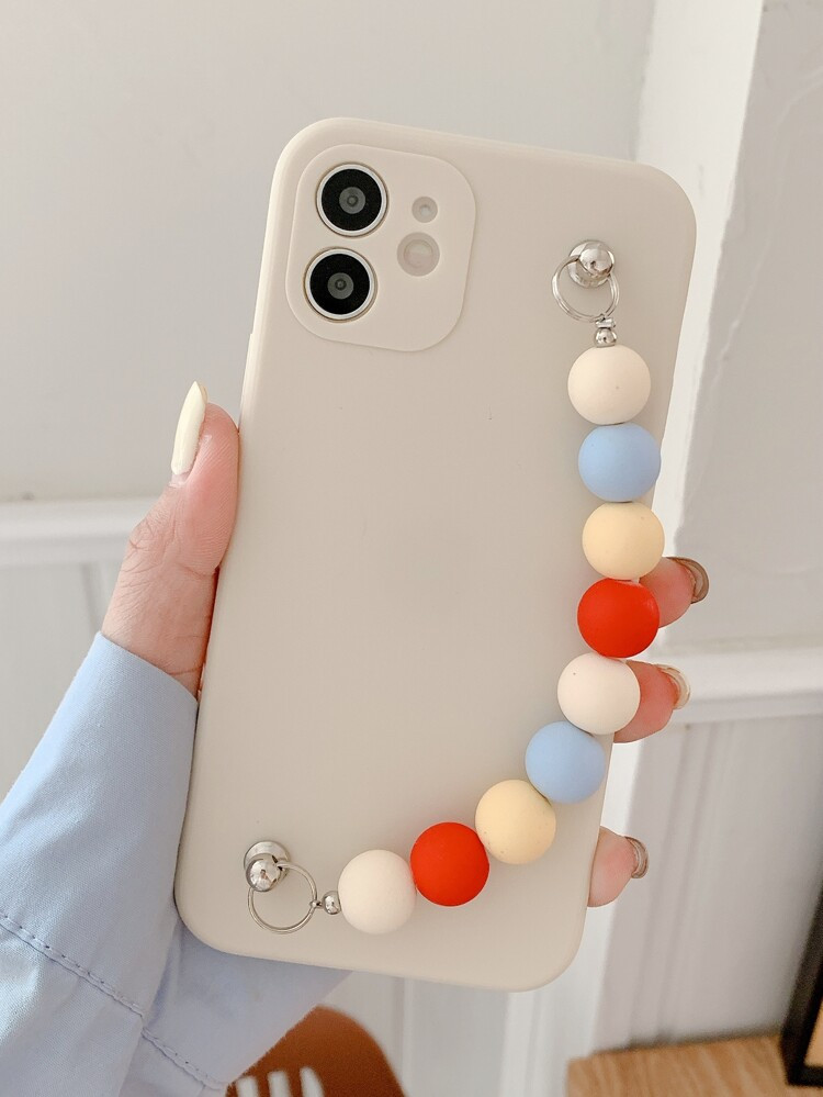 Plain Phone Case With Beaded Chain Hand Strap | SHEIN