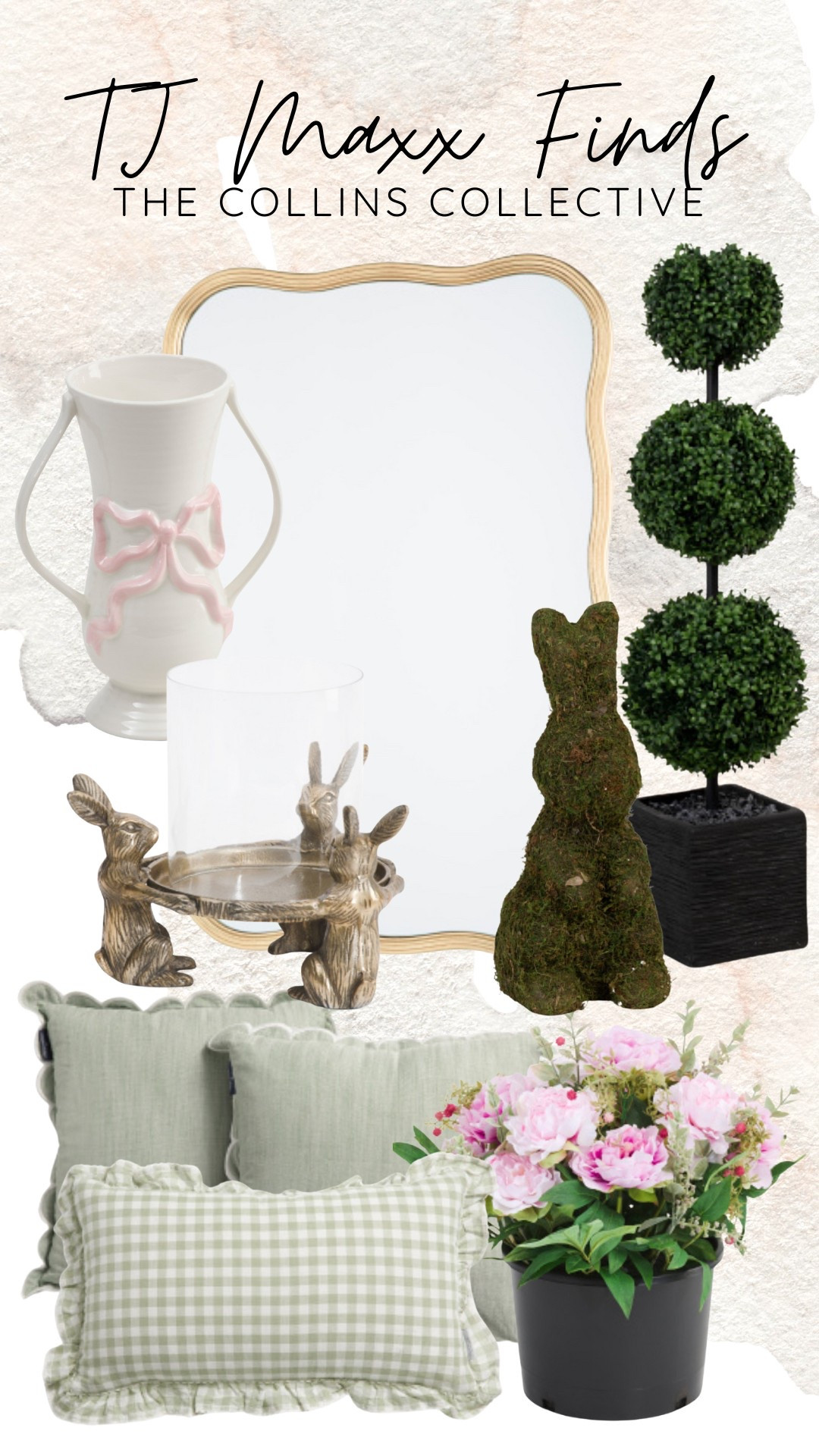 Tj Maxx spring finds, Easter decor, spring decor, faux outdoor plants, topiary, scallop pillow, plaid pillow, bow vase, wavy mirror 

#LTKSpringSale #LTKSeasonal #LTKHome