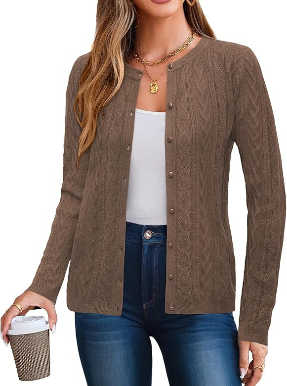 Arach&Cloz Women's 2024 Cable Knit Cardigan Long Sleeve Button Down Casual Sweater Lightweight Cr... | Amazon (US)