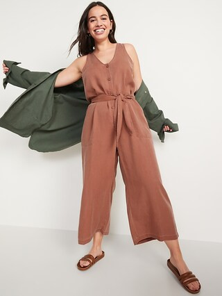 Sleeveless Voop-Neck Waist-Defined Jumpsuit for Women | Old Navy (US)