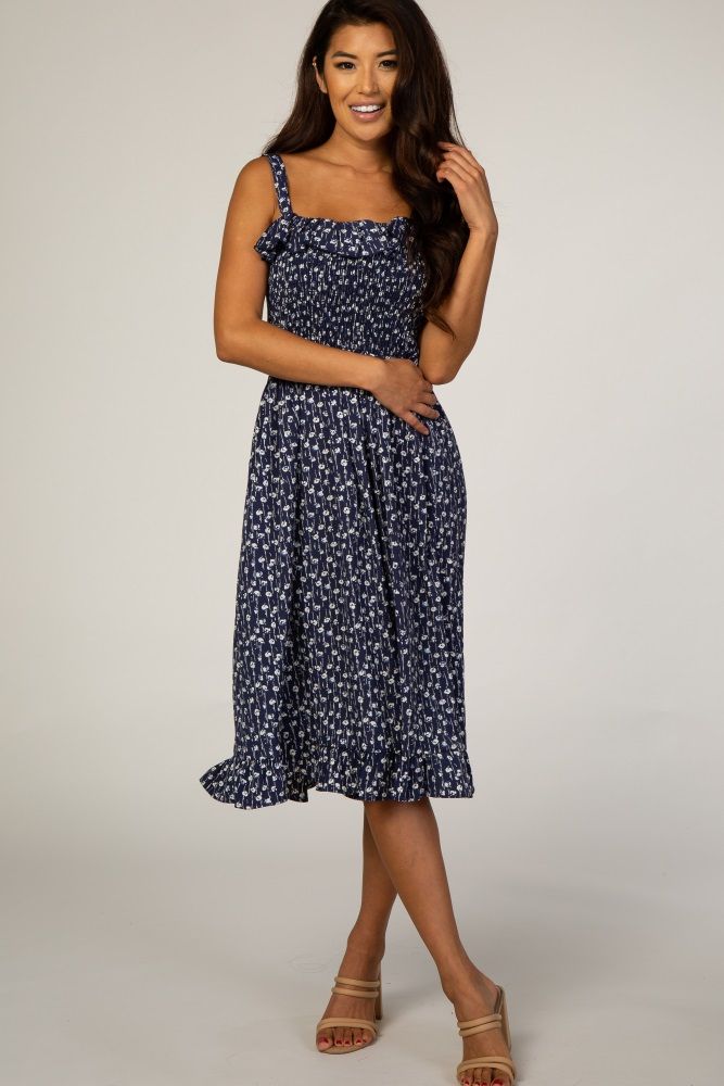 Navy Floral Ruffle Accent Dress | PinkBlush Maternity