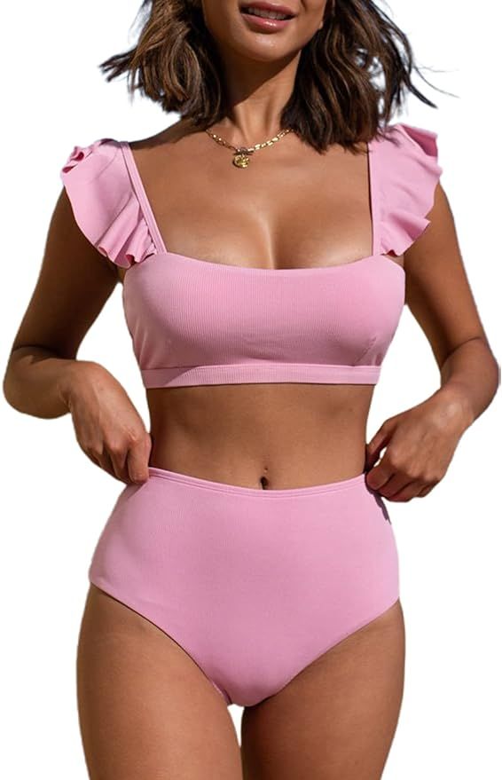 Hilinker Women's Leopard Print Ruffle Spaghetti Strap Bikini Set 2 Piece Swimsuit | Amazon (US)