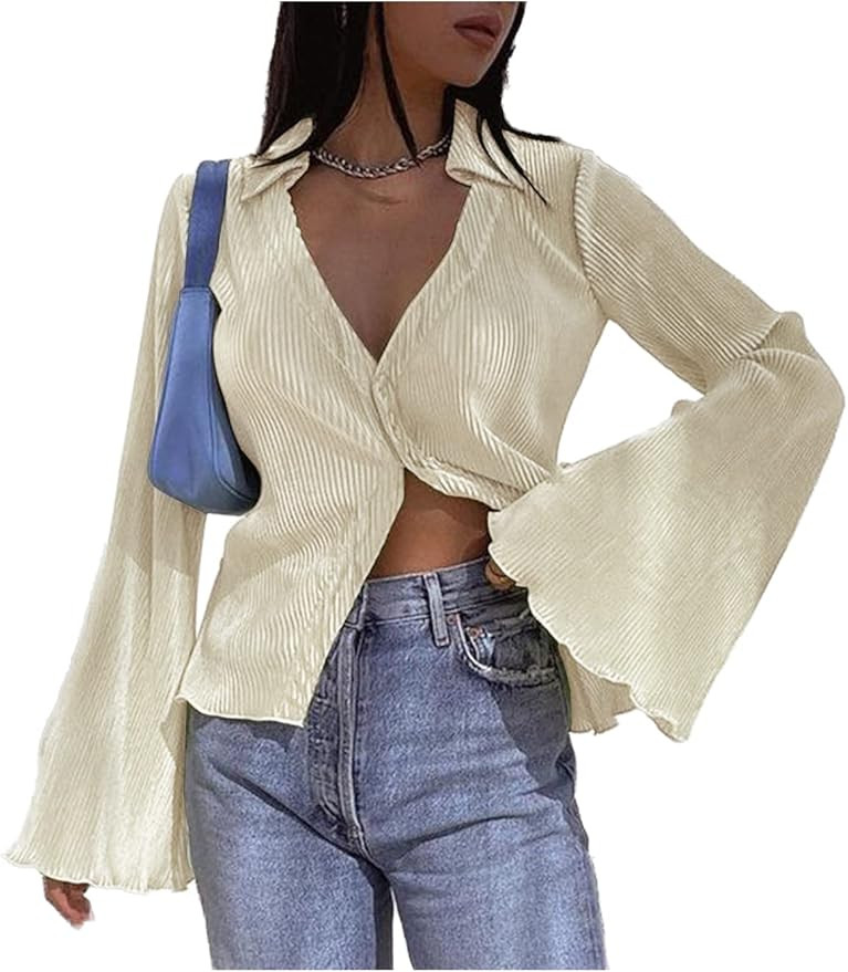 LYANER Women's Deep V Neck Button Front Bell Long Sleeve Blouse Shirt Top | Amazon (US)