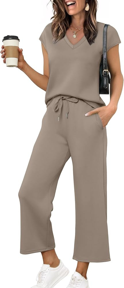 Saloogoe Two Piece Sets for Women Summer Outfits Lounge Sets V Neck Tops Wide Leg Pants Woman Vac... | Amazon (US)