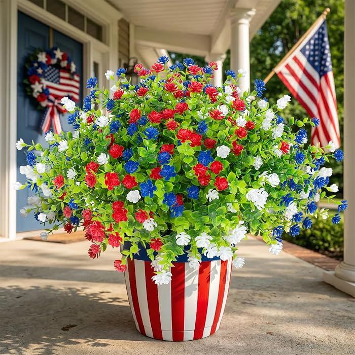 Hananona 24 Pcs Artificial Flowers Outdoor, Faux Artificial Plants UV Resistant Plastic Patriotic... | Amazon (US)